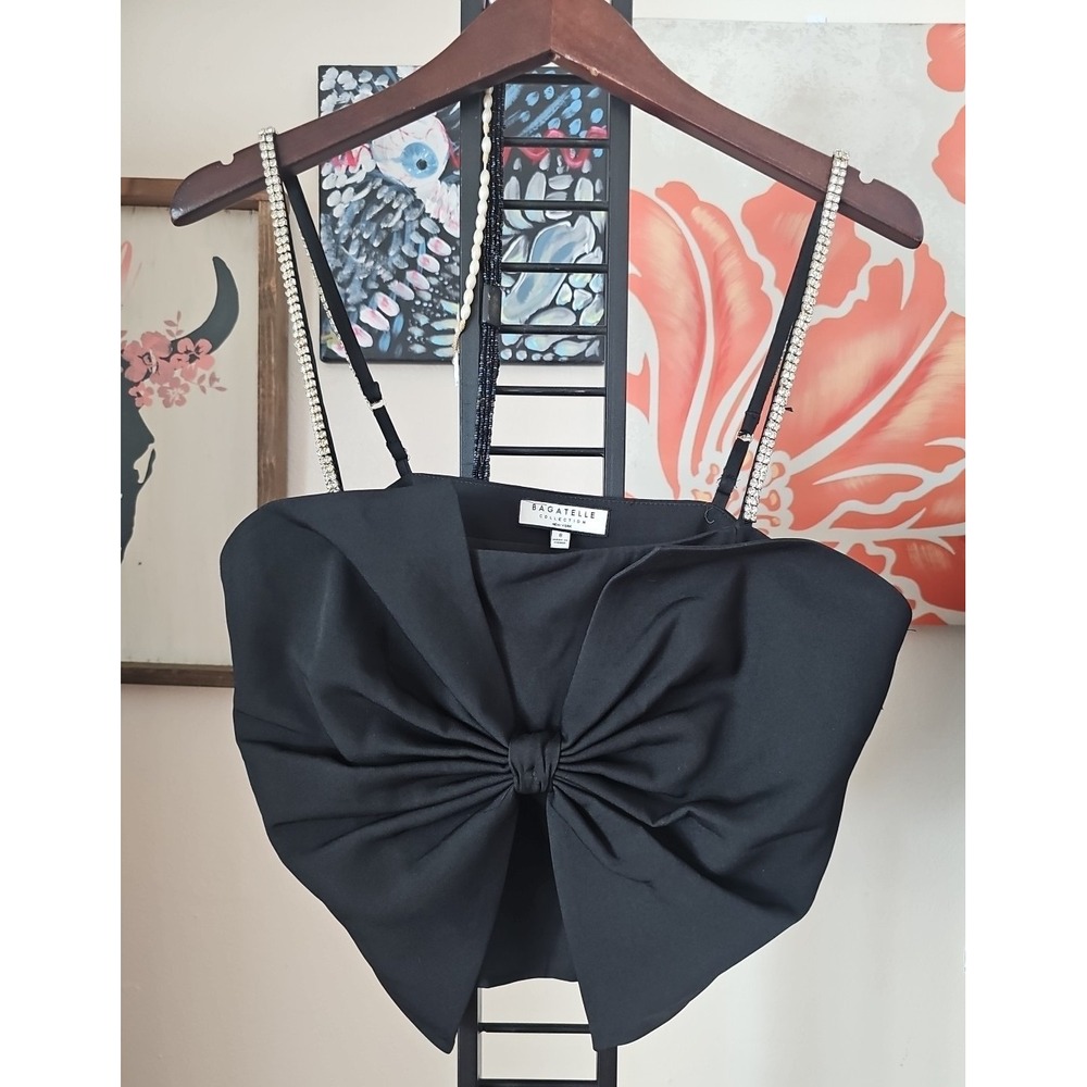 BAGATELLE COLLECTION Bow w/Rhinestone‎ Straps Crop Top Size 8 Black